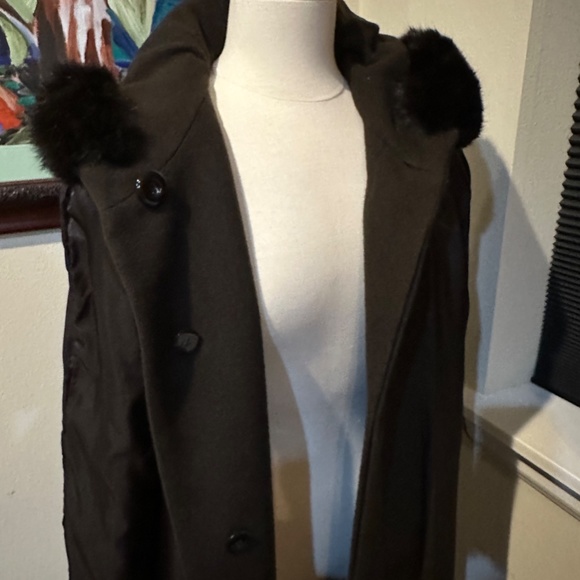 Elegant Brown Wool Long Overcoat with Hood & Real Fur 1990s - sz 10 P or Med - Picture 12 of 16